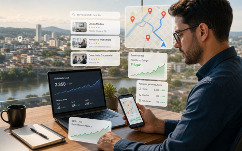 Painel de SEO local mostrando buscas, mapa de Itabuna, rankings e crescimento de visibilidade no Google