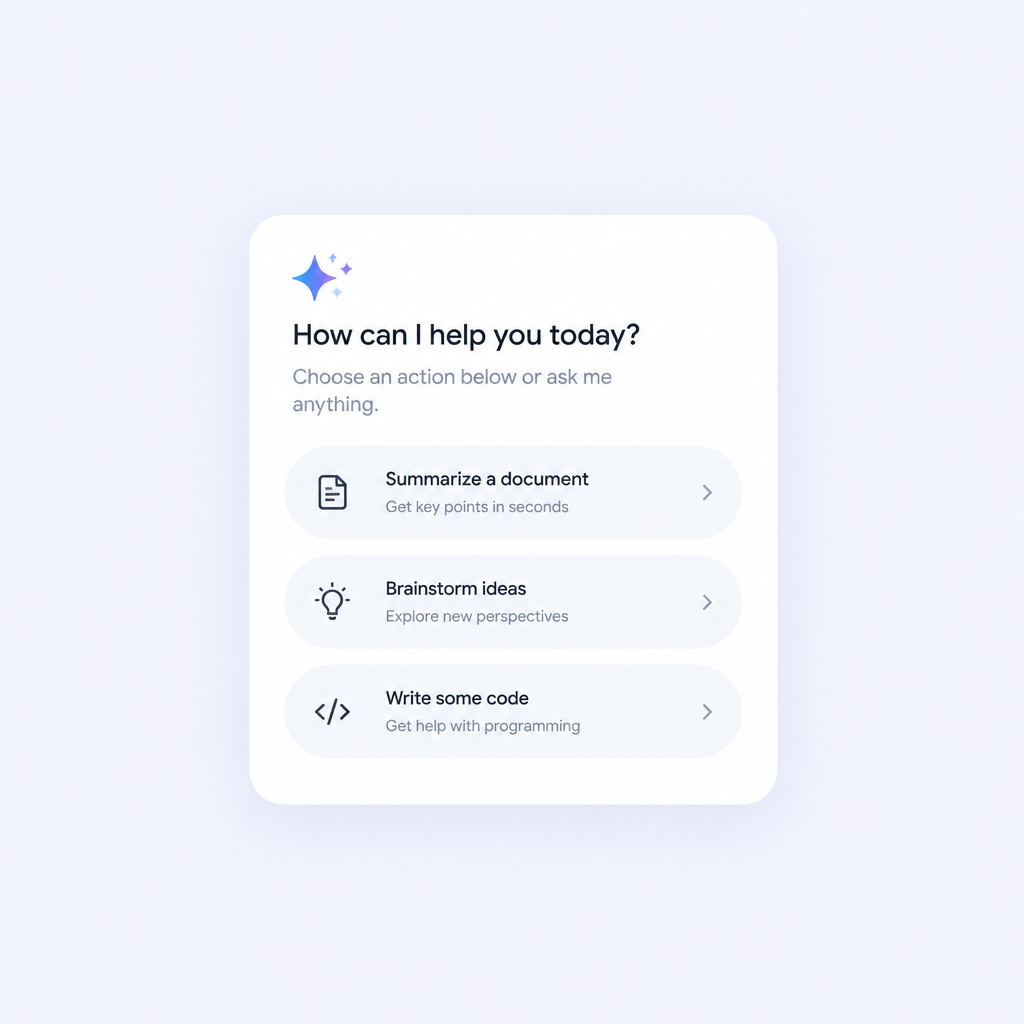 Card de interface branco flutuante sobre fundo lavanda claro, exibindo menu de assistente de IA com três linhas de ação arredondadas e ícones minimalistas, centralizado e longe das bordas.