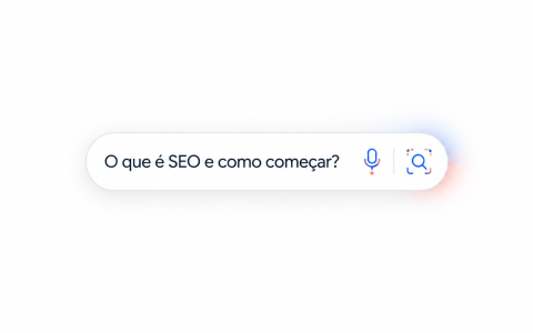 Barra de busca com a pergunta «O que é SEO e como começar?» em fundo branco.