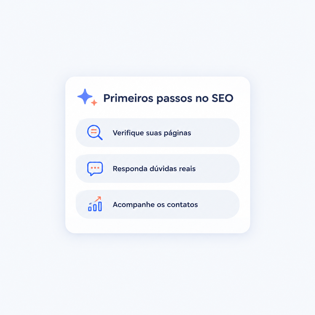 Cartão com três primeiros passos em SEO: verificar páginas, responder dúvidas e acompanhar contatos.