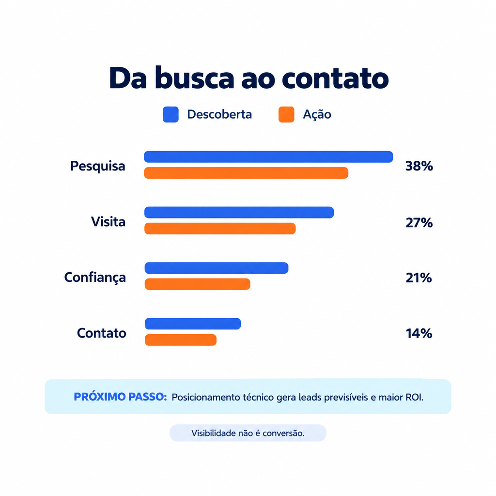 Gráfico conceitual da jornada de pesquisa, visita, confiança e contato, distinguindo descoberta de ação.